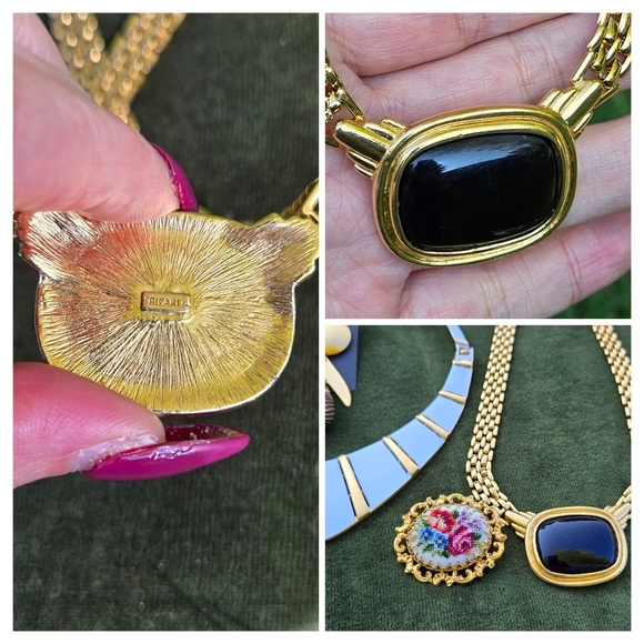 Trifari / Crown Trifari  Gold Tone White Enamal  Black Stone Necklace Others